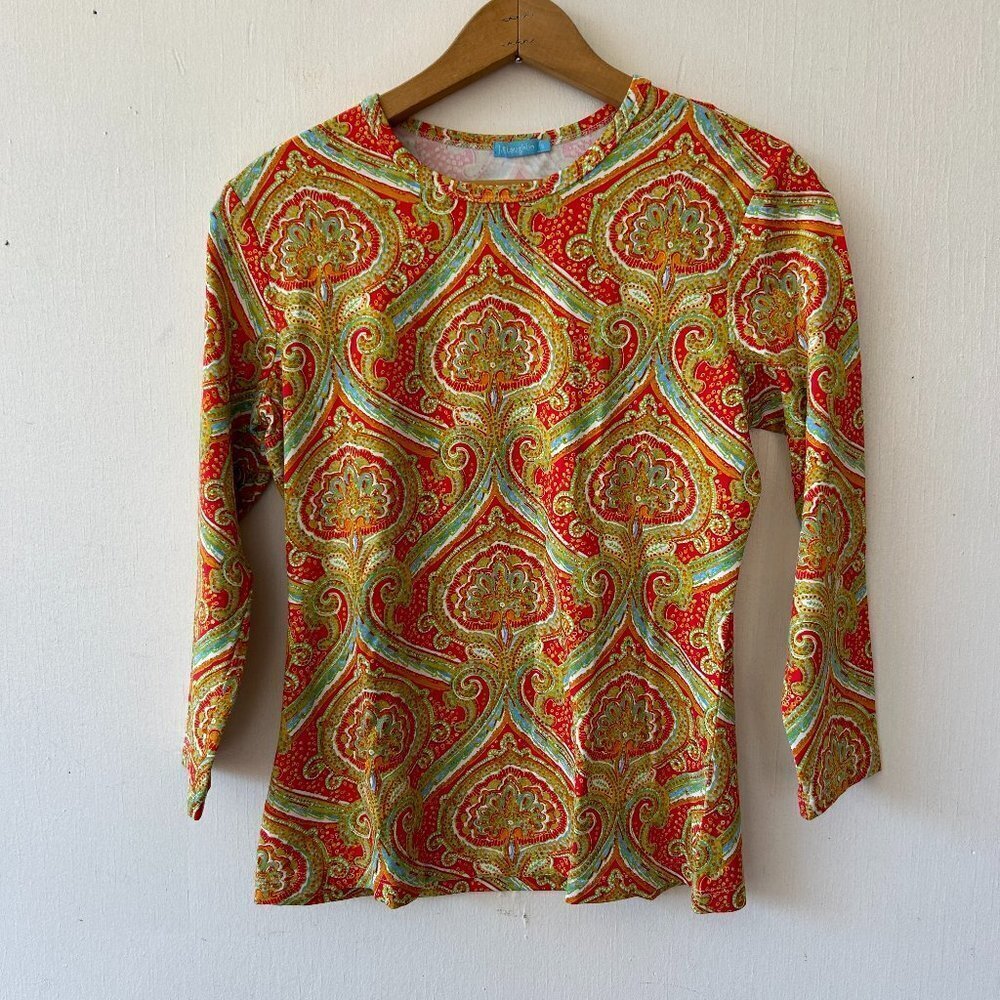 J. McLaughlin Red, Green & Gold Paisley-Print Long Sleeve Top